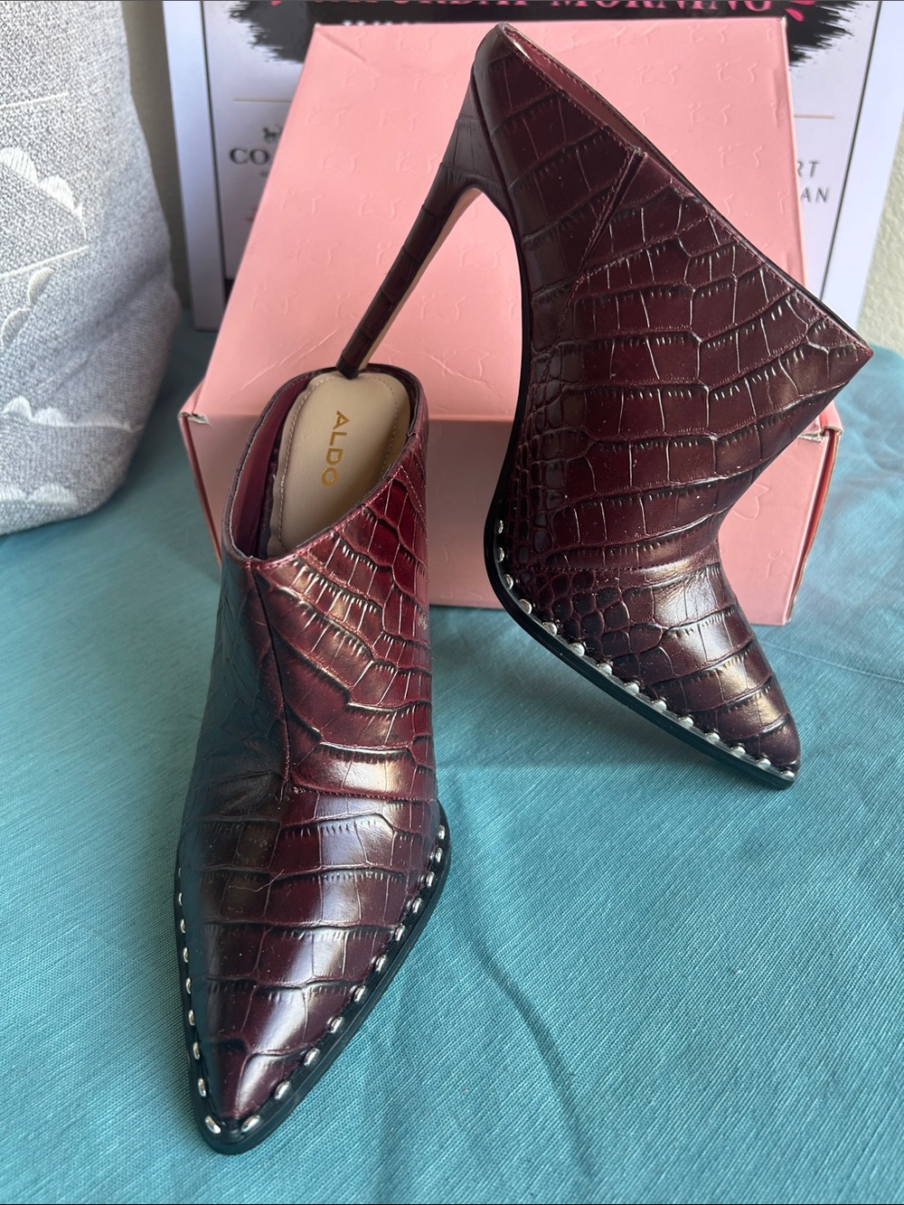 ALDO Burgundy Croc-Embossed Pointed Toe Studded Mules - Picture 3 of 3